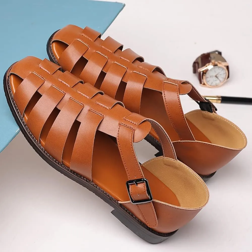 Mens Closed Toe Sandals Ankle Buckle Hollow Out Roman Shoes Outdoor Fisherman Adjustable Beach Summer Sandals Anti Slip Flat Sandals Comfort Casual Walking Shoes Lightweight T-Strap Ankle Strap Sandal