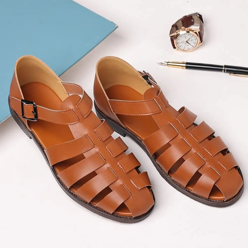 Mens Closed Toe Sandals Ankle Buckle Hollow Out Roman Shoes Outdoor Fisherman Adjustable Beach Summer Sandals Anti Slip Flat Sandals Comfort Casual Walking Shoes Lightweight T-Strap Ankle Strap Sandal