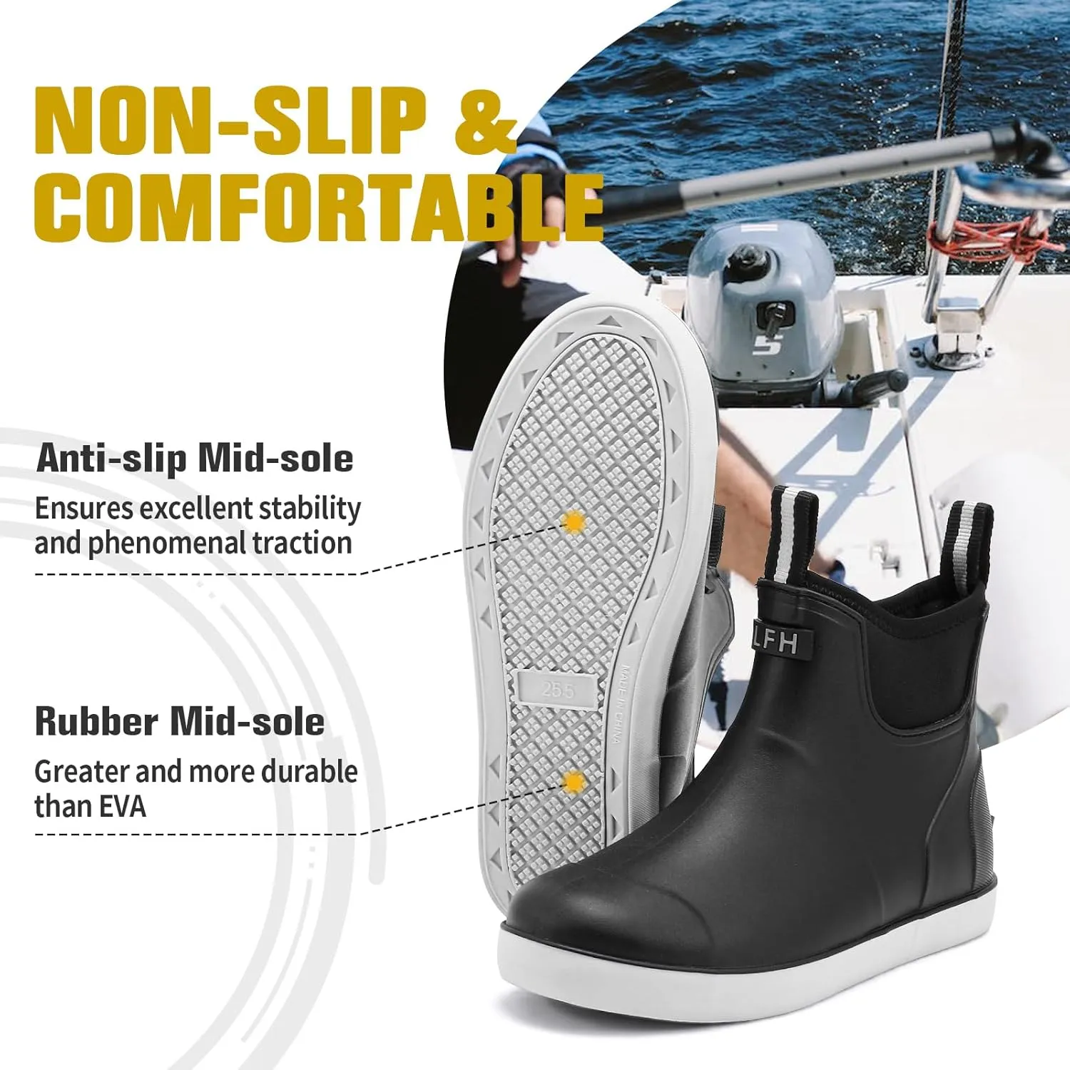 Men's Deck Boots, Waterproof Ankle Rain Boots Men Anti-Slip Traction, Outdoor Rubber Fishing Garden Boots High-Performance Shoes for Farming
