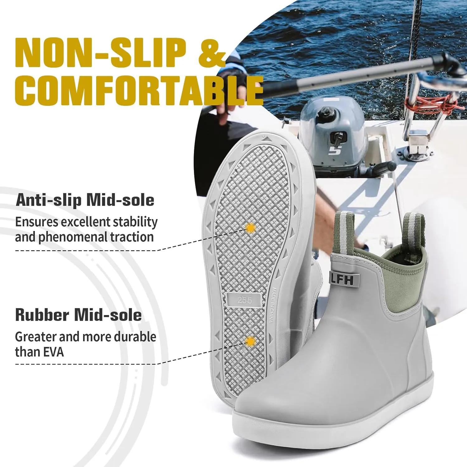 Men's Deck Boots, Waterproof Ankle Rain Boots Men Anti-Slip Traction, Outdoor Rubber Fishing Garden Boots High-Performance Shoes for Farming