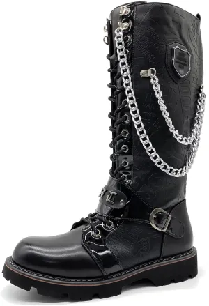 Men's Fashion Punk Motorcycle Boots Retro Metal Chain Lace Up Mid-Calf Boots