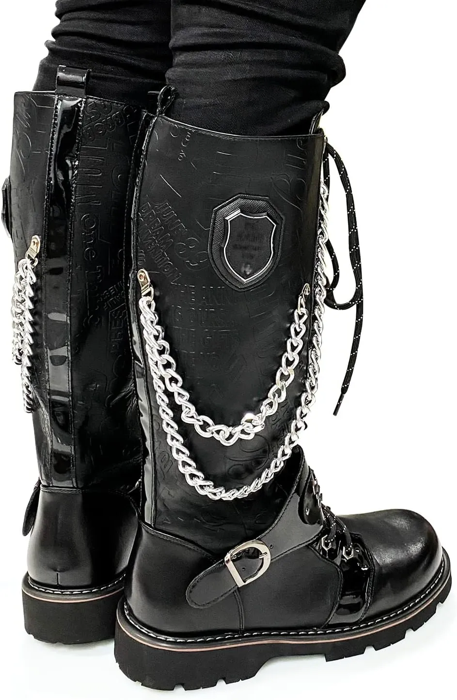 Men's Fashion Punk Motorcycle Boots Retro Metal Chain Lace Up Mid-Calf Boots