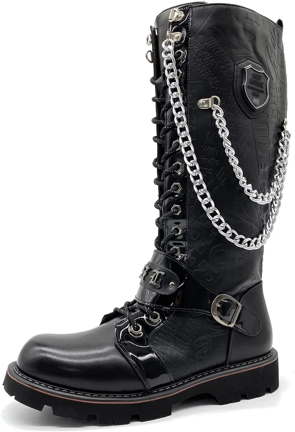 Men's Fashion Punk Motorcycle Boots Retro Metal Chain Lace Up Mid-Calf Boots