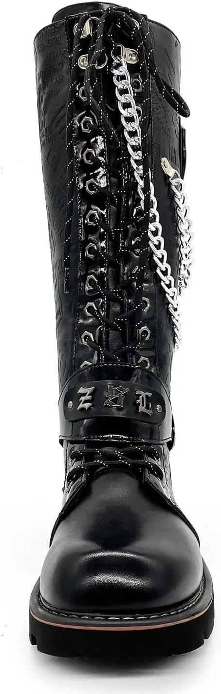 Men's Fashion Punk Motorcycle Boots Retro Metal Chain Lace Up Mid-Calf Boots