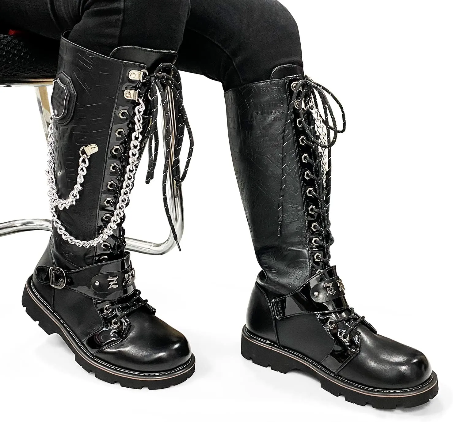 Men's Fashion Punk Motorcycle Boots Retro Metal Chain Lace Up Mid-Calf Boots
