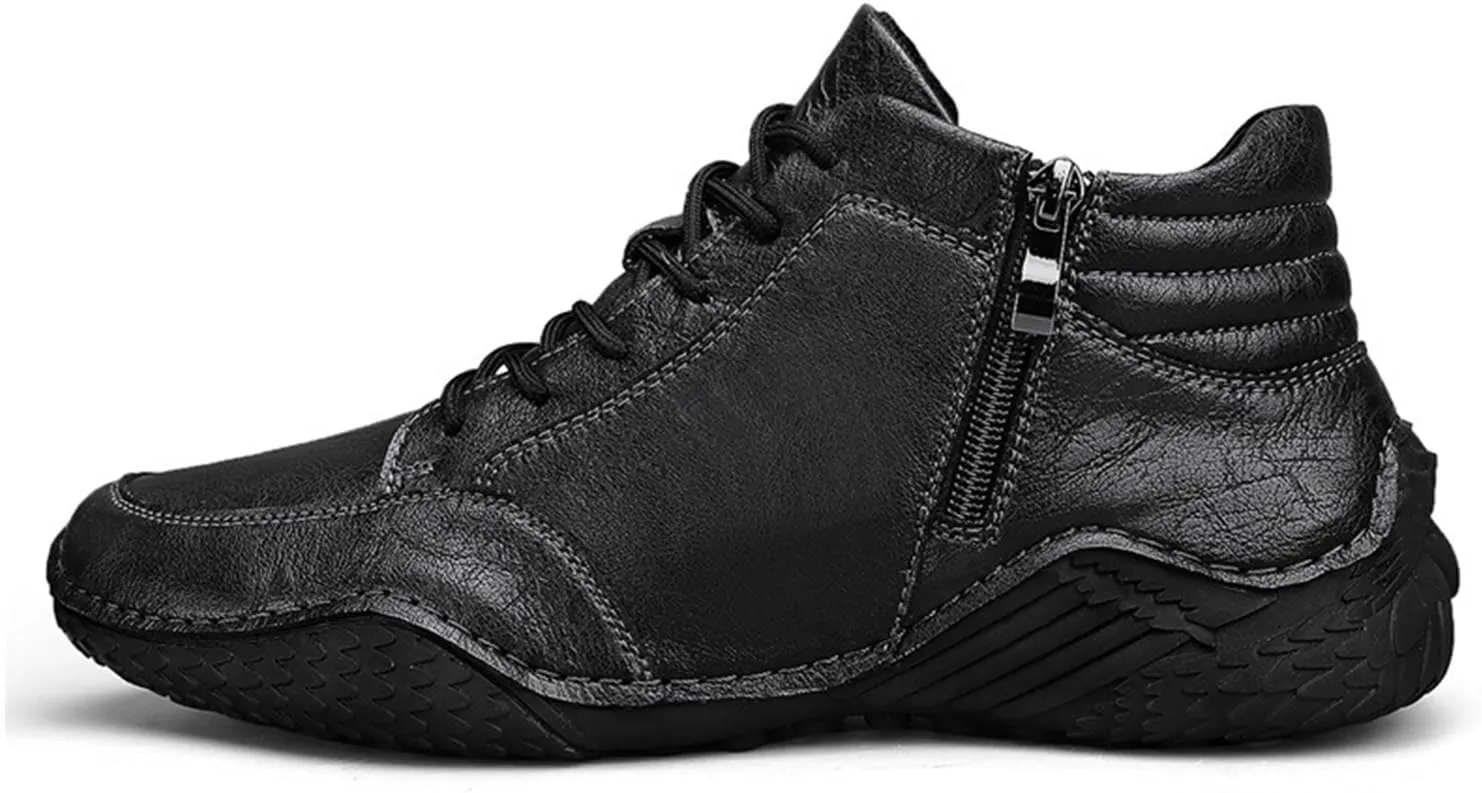 Men's Fashion Sneakers Leather Lace Up Sports Ankle Boots Handmade Stitched Leather Shoes Outdoor Casual Non-Slip Running Sports Hiking Boots with Side Zippers for Men
