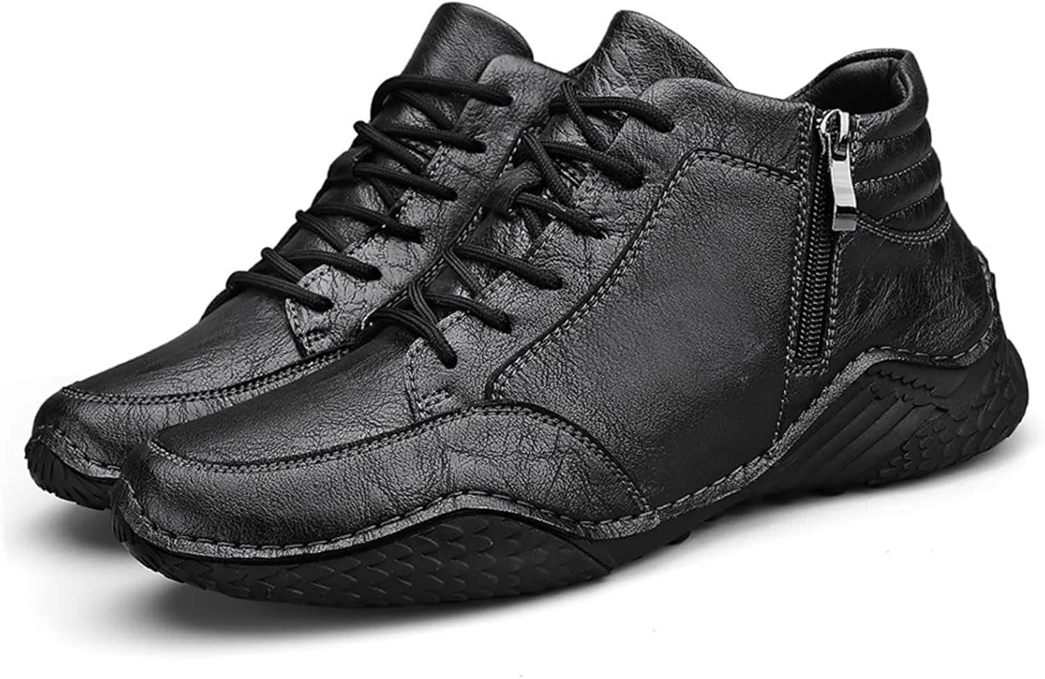 Men's Fashion Sneakers Leather Lace Up Sports Ankle Boots Handmade Stitched Leather Shoes Outdoor Casual Non-Slip Running Sports Hiking Boots with Side Zippers for Men