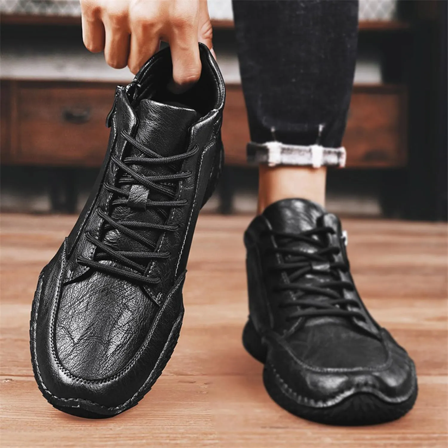 Men's Fashion Sneakers Leather Lace Up Sports Ankle Boots Handmade Stitched Leather Shoes Outdoor Casual Non-Slip Running Sports Hiking Boots with Side Zippers for Men