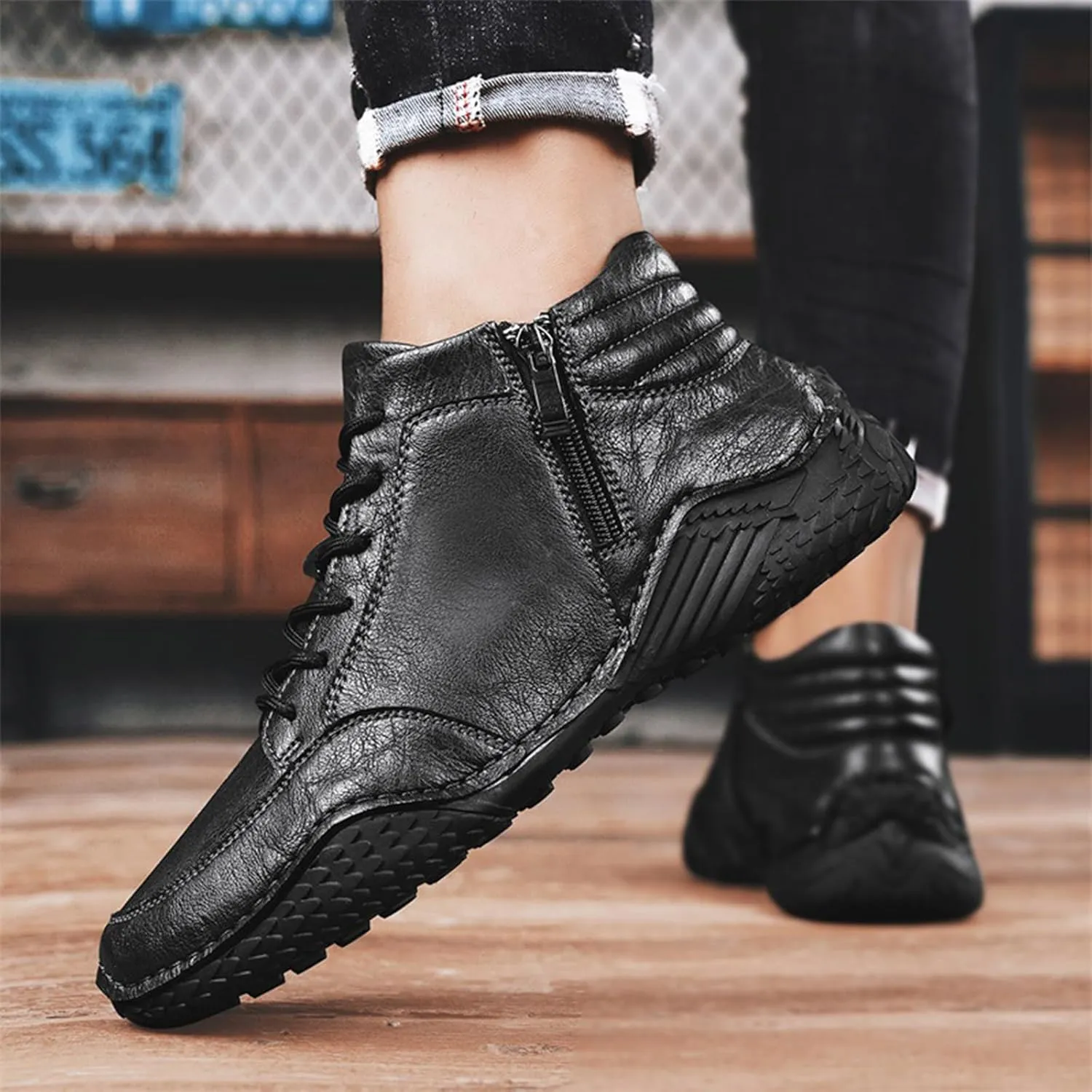 Men's Fashion Sneakers Leather Lace Up Sports Ankle Boots Handmade Stitched Leather Shoes Outdoor Casual Non-Slip Running Sports Hiking Boots with Side Zippers for Men