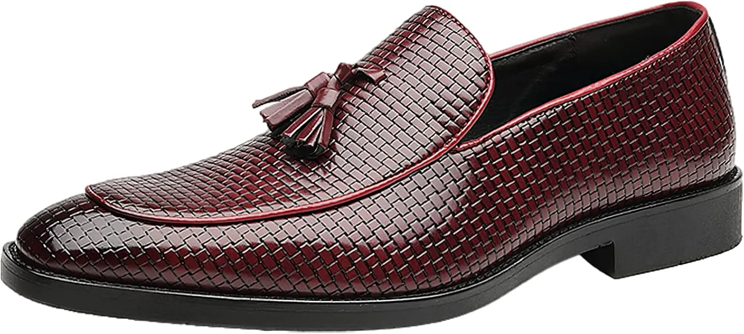 Men's Faux Leather Dress Shoes Pointed-Toe Low-Top Slip-on Tassel Loafers
