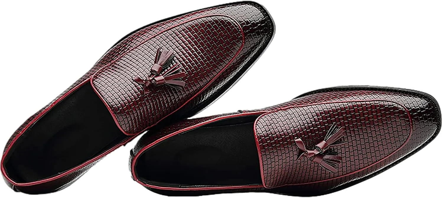 Men's Faux Leather Dress Shoes Pointed-Toe Low-Top Slip-on Tassel Loafers