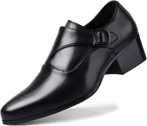 Men's Genuine Leather Chunky Heel Monk Strap Oxford Loafers Fashion Pointed Toe Slip-On Low Top Chelsea Boots Dress Heels for Business Wedding Party
