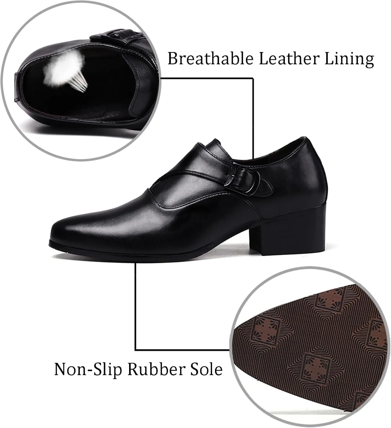 Men's Genuine Leather Chunky Heel Monk Strap Oxford Loafers Fashion Pointed Toe Slip-On Low Top Chelsea Boots Dress Heels for Business Wedding Party