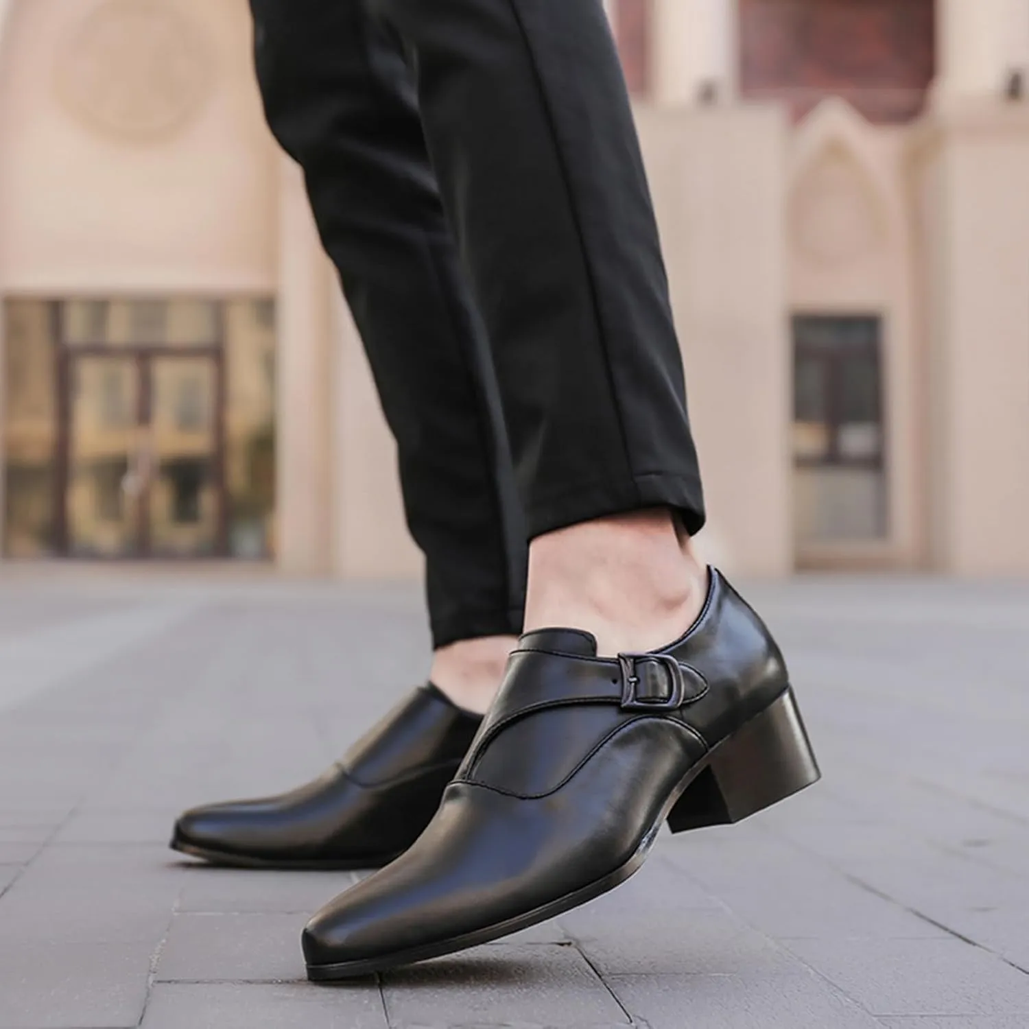 Men's Genuine Leather Chunky Heel Monk Strap Oxford Loafers Fashion Pointed Toe Slip-On Low Top Chelsea Boots Dress Heels for Business Wedding Party