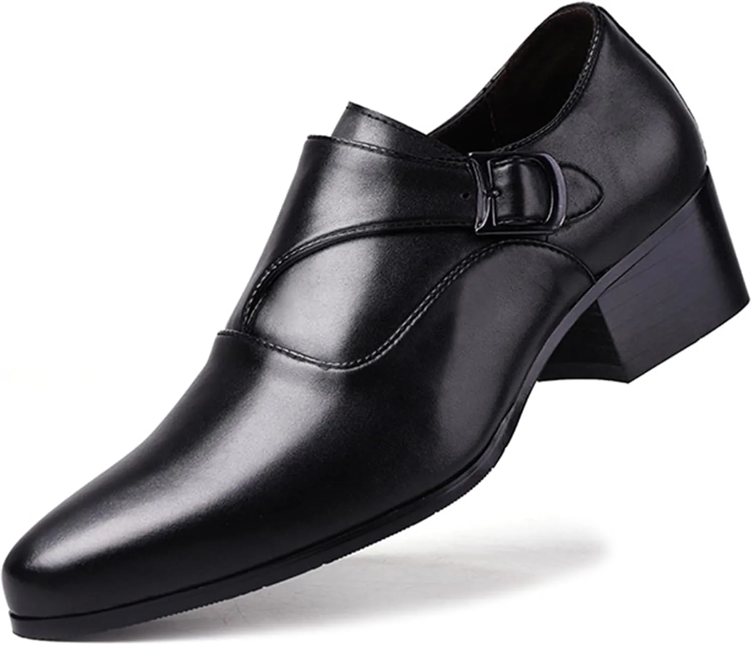 Men's Genuine Leather Chunky Heel Monk Strap Oxford Loafers Fashion Pointed Toe Slip-On Low Top Chelsea Boots Dress Heels for Business Wedding Party