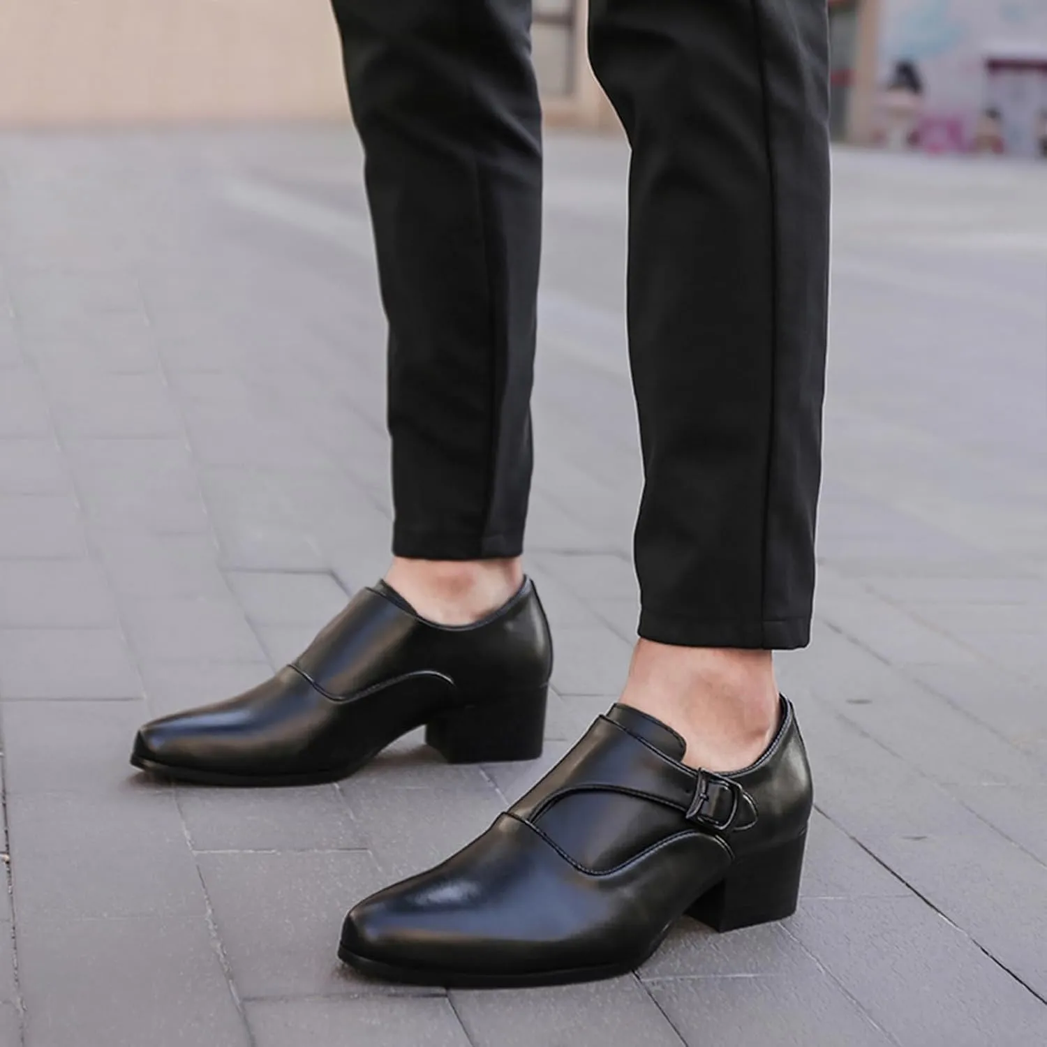 Men's Genuine Leather Chunky Heel Monk Strap Oxford Loafers Fashion Pointed Toe Slip-On Low Top Chelsea Boots Dress Heels for Business Wedding Party