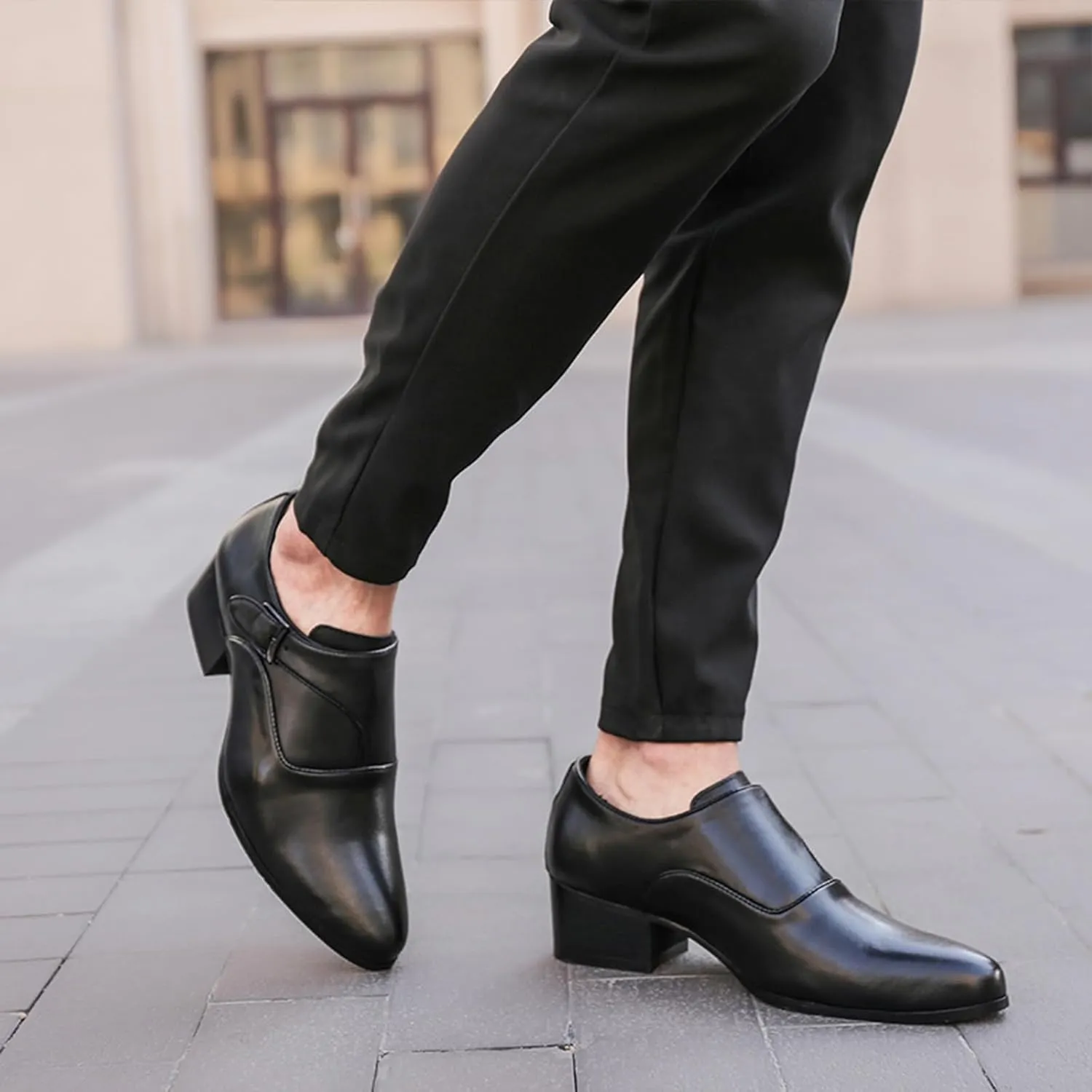 Men's Genuine Leather Chunky Heel Monk Strap Oxford Loafers Fashion Pointed Toe Slip-On Low Top Chelsea Boots Dress Heels for Business Wedding Party