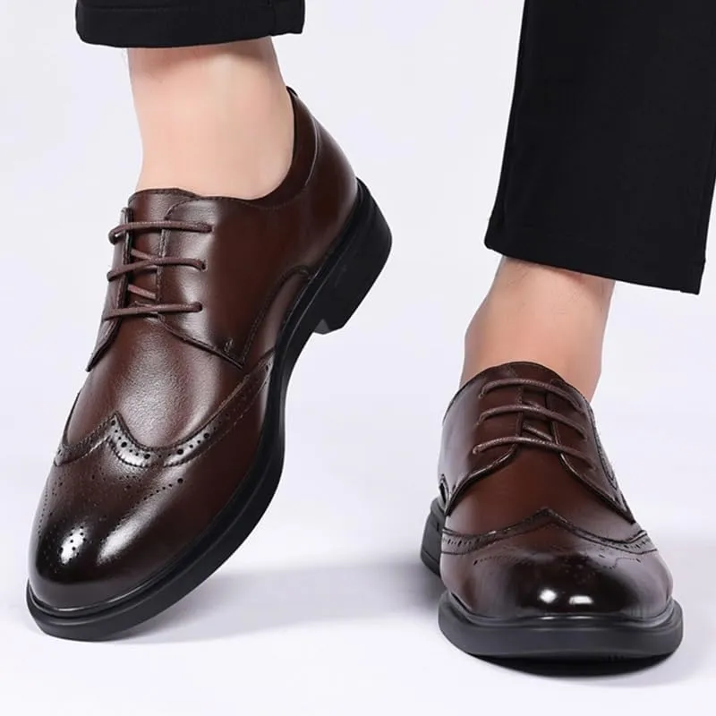 Men's Genuine Leather Oxford Shoes Men Modern Low Top Pointed Toe Tuxedo Derby Shoes Fashion Casual Loafers Formal Dress Shoes(Brown,7.5)