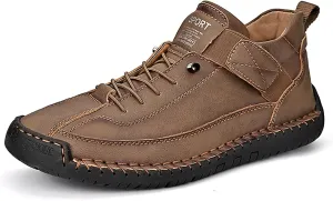 Men's Hook & Loop Hand Stitching Chukka Boots,Lightweight Leather Slip On Loafers Low Hiking Ankle Boots Lace-Up Comfort Non-Slip Boots For Outdoor Camping & Driving Booties
