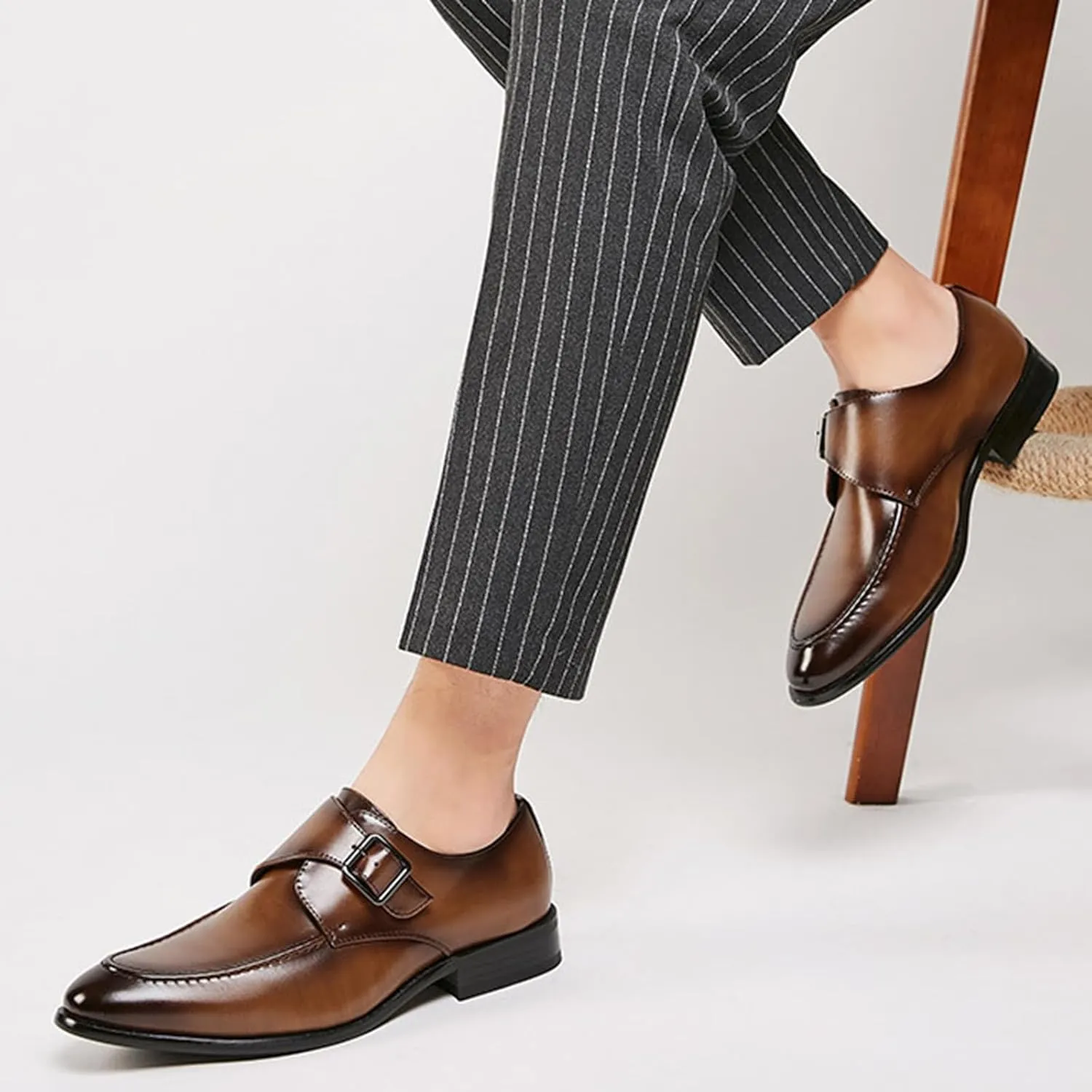 Men's Leather Monk Strap Dress Loafers Fashion Classic Cap Toe Low Top Slip On Oxford Shoes Casual Business Office Wedding Formal Shoes