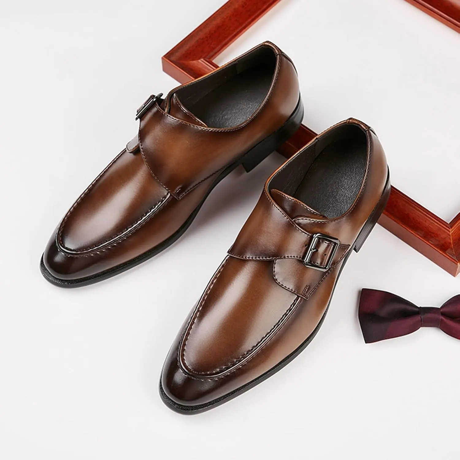 Men's Leather Monk Strap Dress Loafers Fashion Classic Cap Toe Low Top Slip On Oxford Shoes Casual Business Office Wedding Formal Shoes