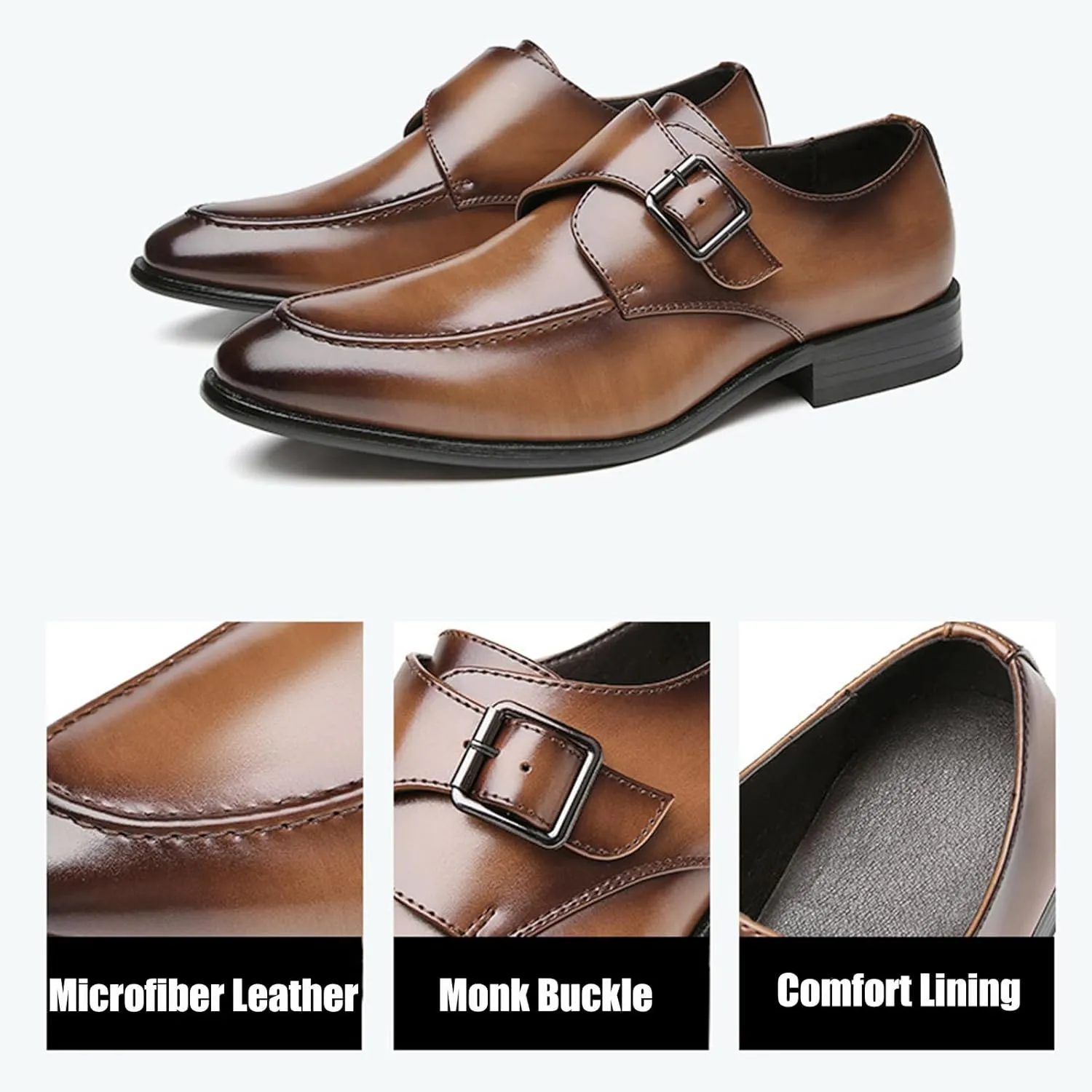 Men's Leather Monk Strap Dress Loafers Fashion Classic Cap Toe Low Top Slip On Oxford Shoes Casual Business Office Wedding Formal Shoes