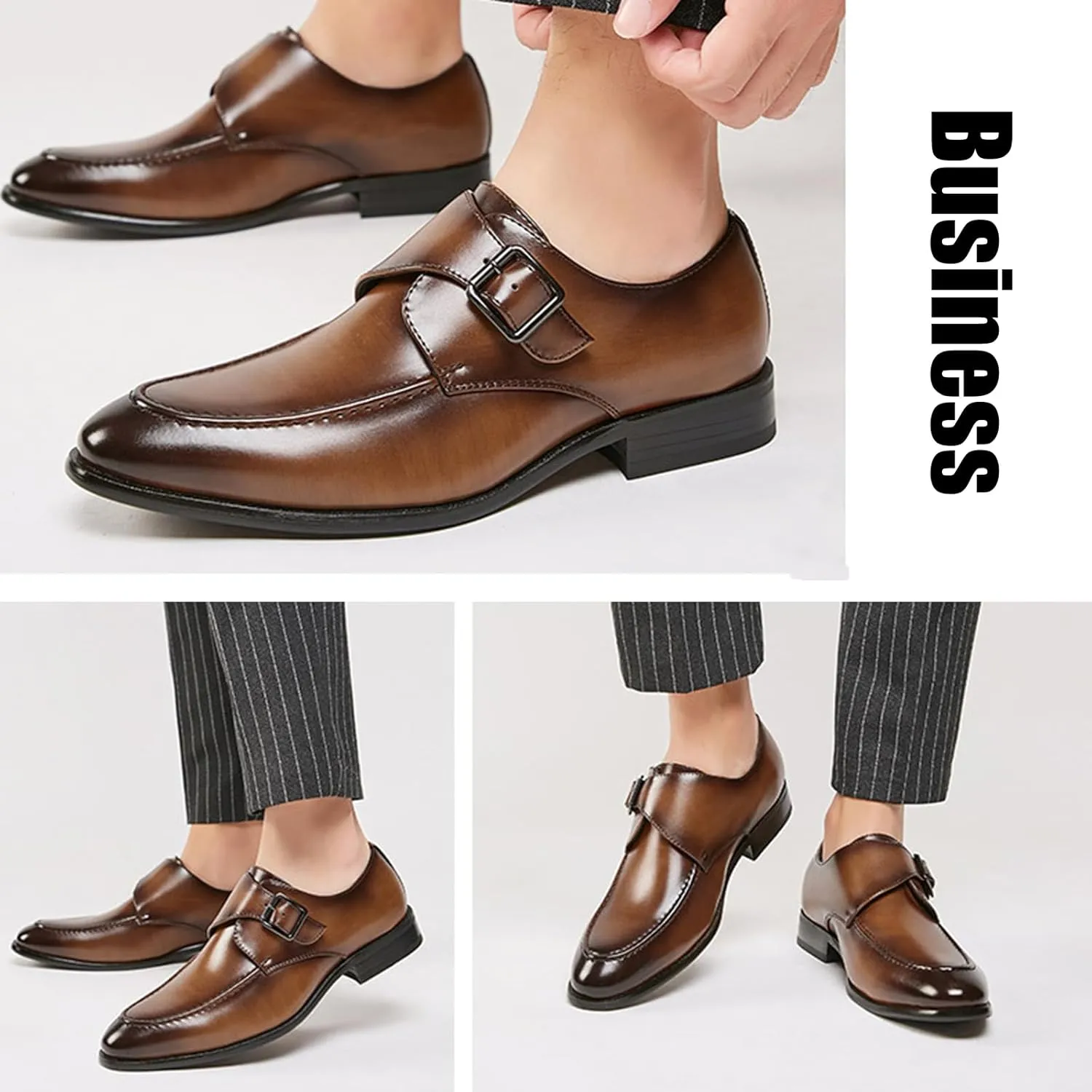 Men's Leather Monk Strap Dress Loafers Fashion Classic Cap Toe Low Top Slip On Oxford Shoes Casual Business Office Wedding Formal Shoes
