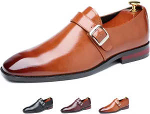 Men's Leather Monk Strap Loafers Fashion Classic Pointed Toe Slip On Low Top Chelsea Formal Business Dress Oxford Shoes