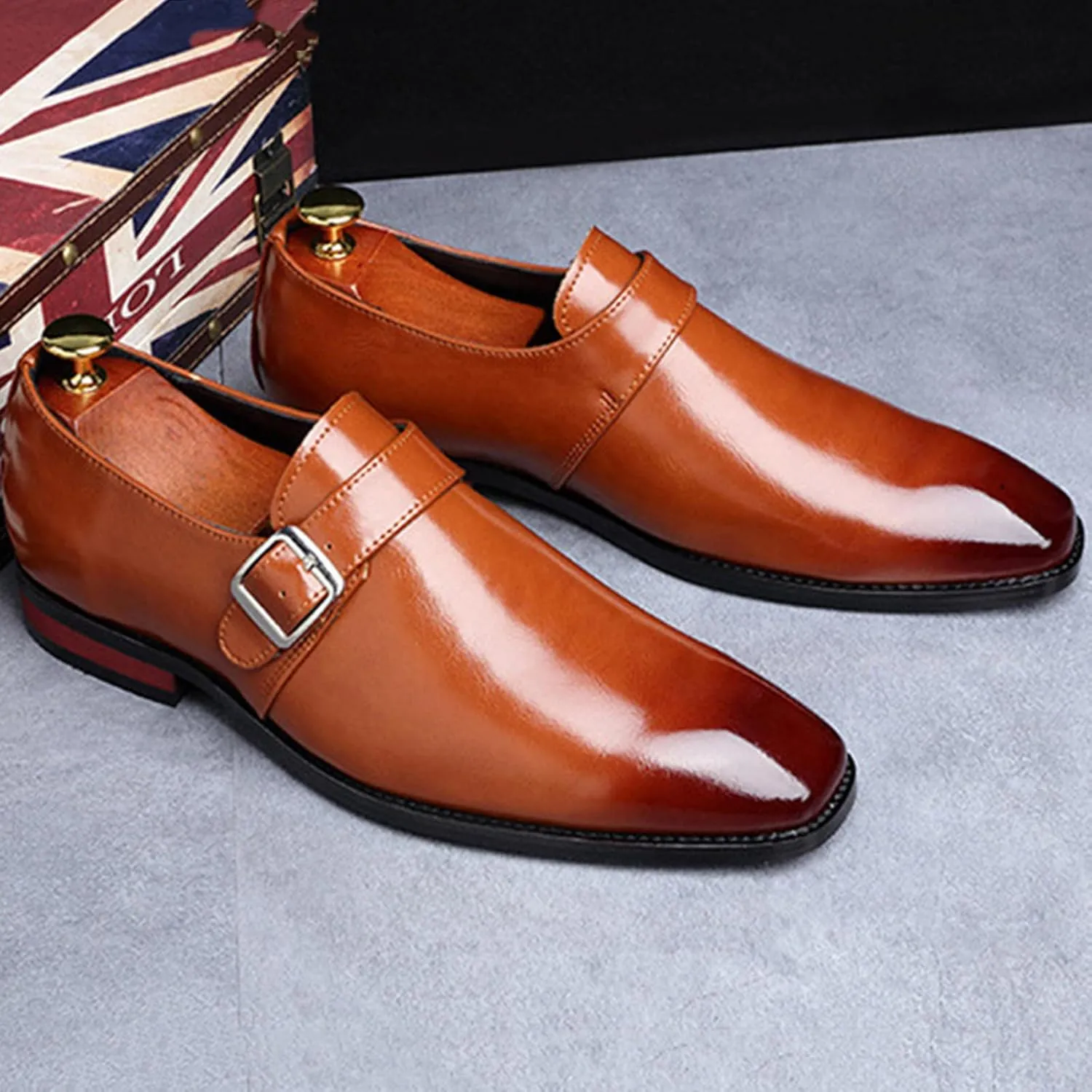 Men's Leather Monk Strap Loafers Fashion Classic Pointed Toe Slip On Low Top Chelsea Formal Business Dress Oxford Shoes