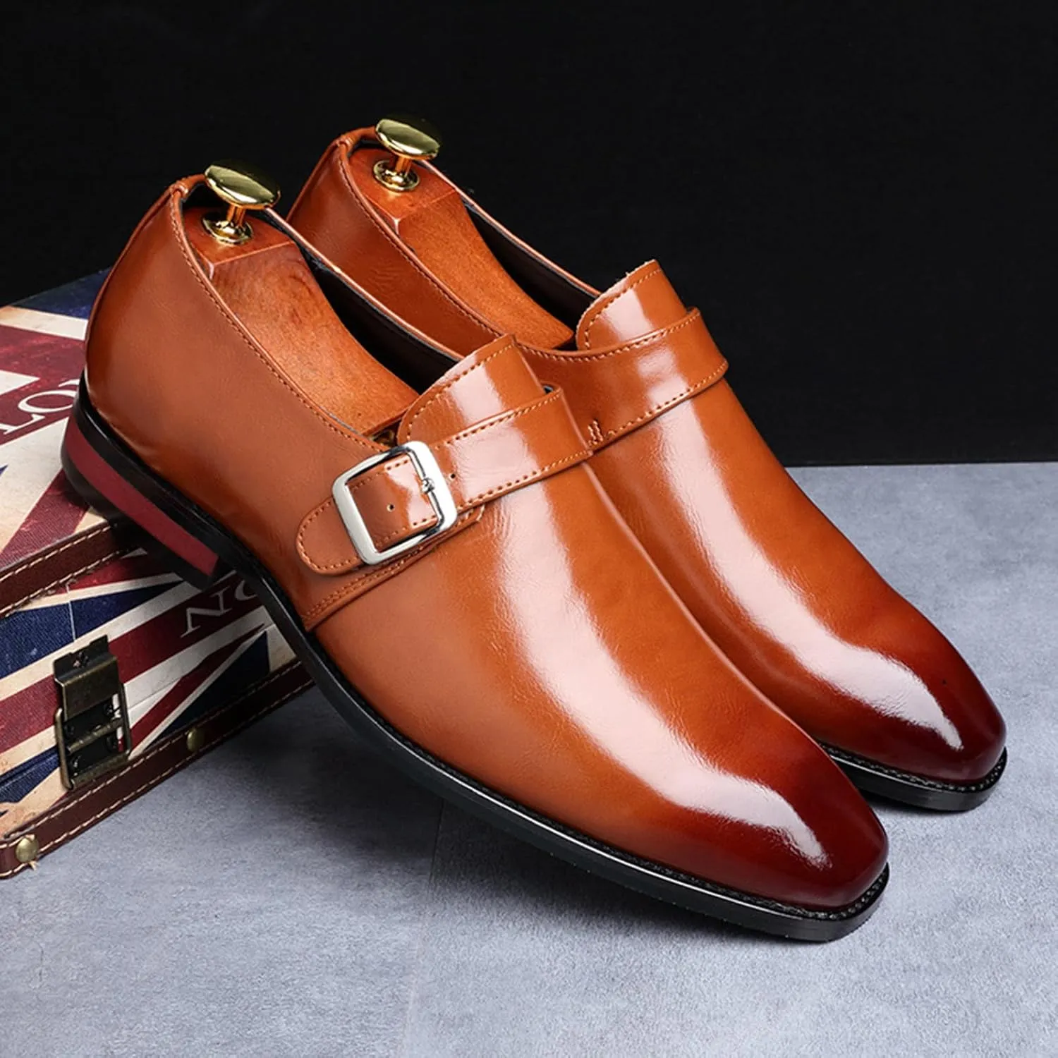 Men's Leather Monk Strap Loafers Fashion Classic Pointed Toe Slip On Low Top Chelsea Formal Business Dress Oxford Shoes