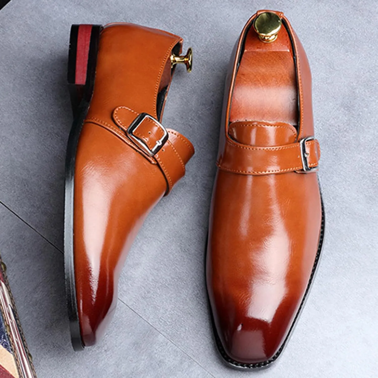 Men's Leather Monk Strap Loafers Fashion Classic Pointed Toe Slip On Low Top Chelsea Formal Business Dress Oxford Shoes