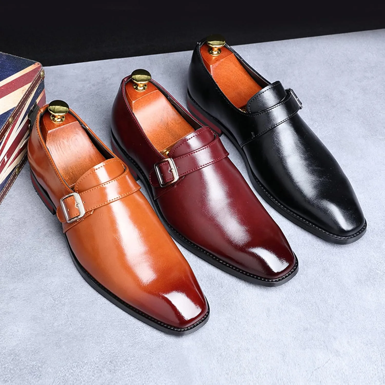 Men's Leather Monk Strap Loafers Fashion Classic Pointed Toe Slip On Low Top Chelsea Formal Business Dress Oxford Shoes