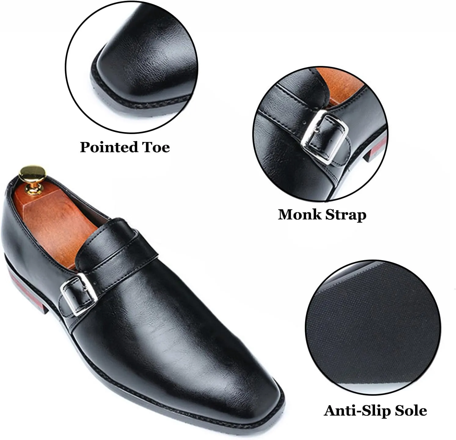 Men's Leather Monk Strap Loafers Fashion Classic Pointed Toe Slip On Low Top Chelsea Formal Business Dress Oxford Shoes