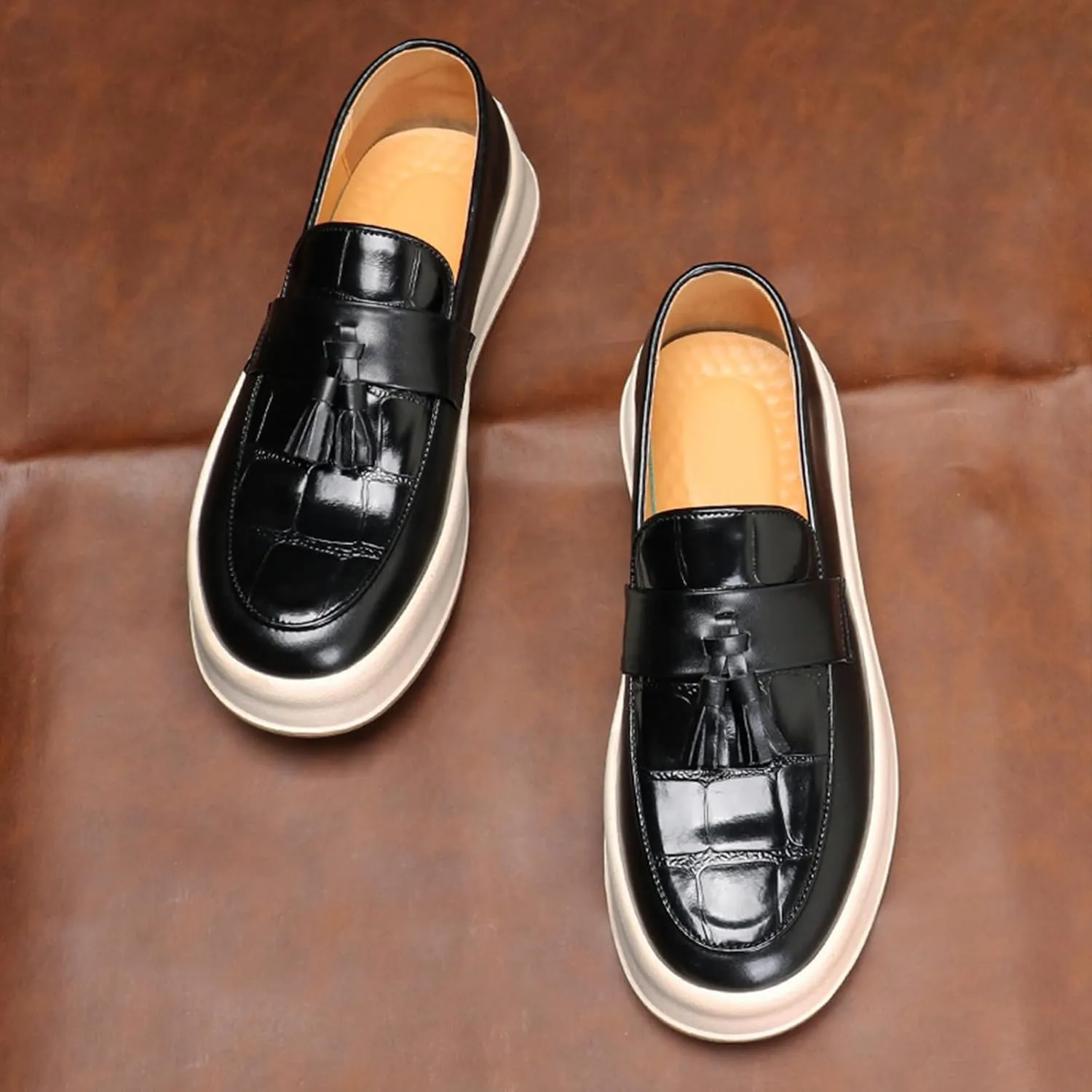 Men's Leather Platform Slip On Tassel Loafers Round Toe Low Top Comfort Non-Slip Luxury Dress Shoes Casual Formal Business Work Penny Loafers