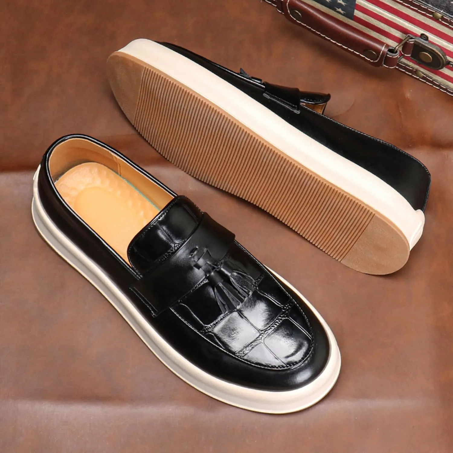 Men's Leather Platform Slip On Tassel Loafers Round Toe Low Top Comfort Non-Slip Luxury Dress Shoes Casual Formal Business Work Penny Loafers