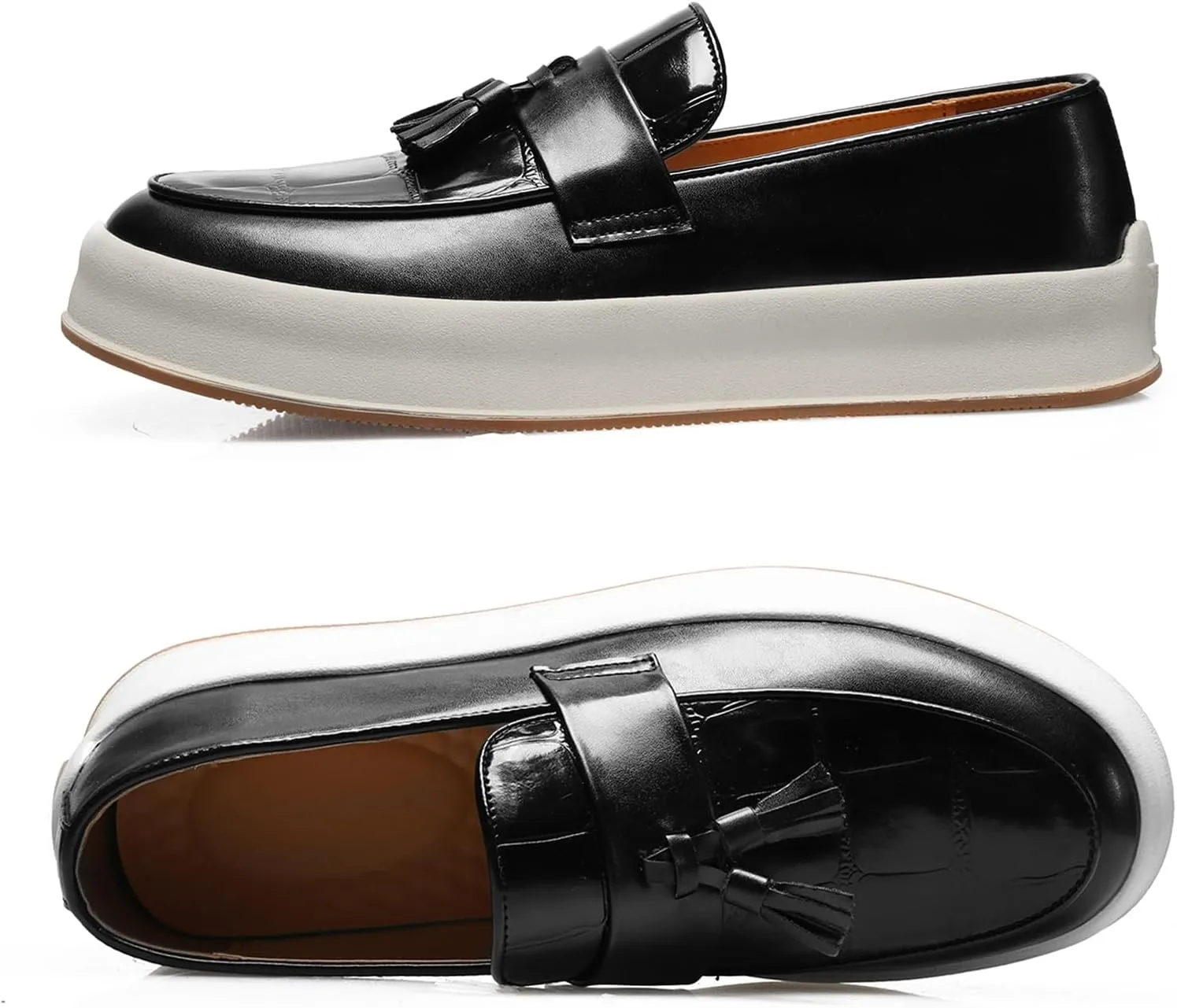 Men's Leather Platform Slip On Tassel Loafers Round Toe Low Top Comfort Non-Slip Luxury Dress Shoes Casual Formal Business Work Penny Loafers