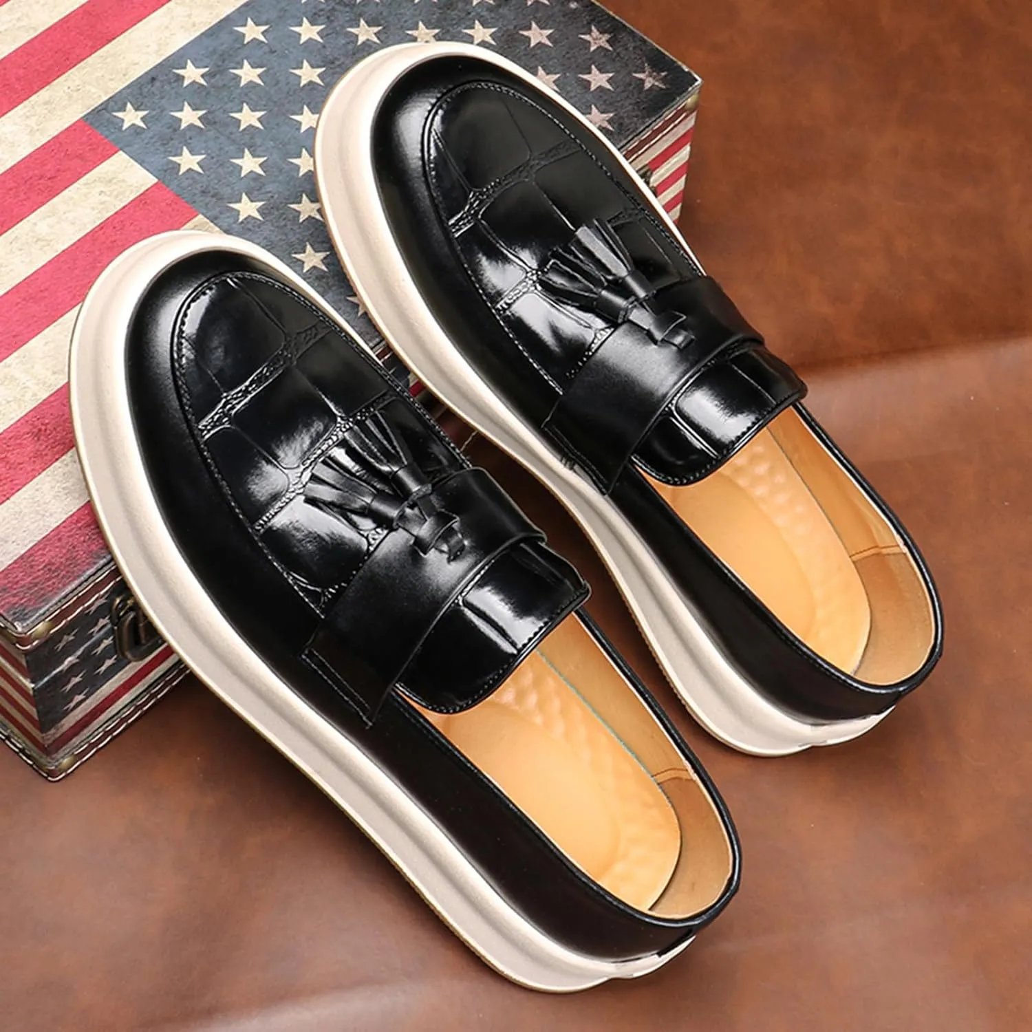 Men's Leather Platform Slip On Tassel Loafers Round Toe Low Top Comfort Non-Slip Luxury Dress Shoes Casual Formal Business Work Penny Loafers