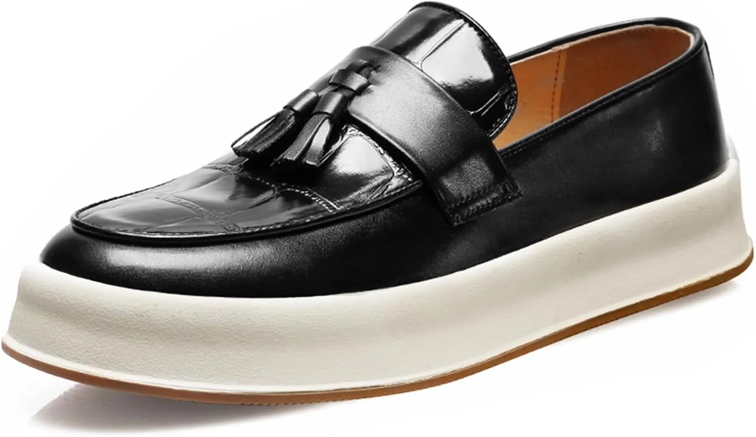 Men's Leather Platform Slip On Tassel Loafers Round Toe Low Top Comfort Non-Slip Luxury Dress Shoes Casual Formal Business Work Penny Loafers