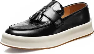 Men's Leather Platform Slip On Tassel Loafers Round Toe Low Top Comfort Non-Slip Luxury Dress Shoes Casual Formal Business Work Penny Loafers