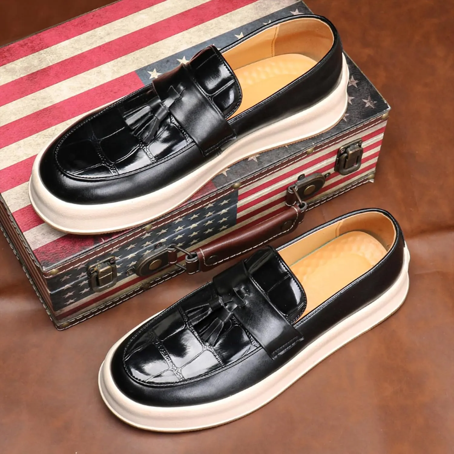 Men's Leather Platform Slip On Tassel Loafers Round Toe Low Top Comfort Non-Slip Luxury Dress Shoes Casual Formal Business Work Penny Loafers