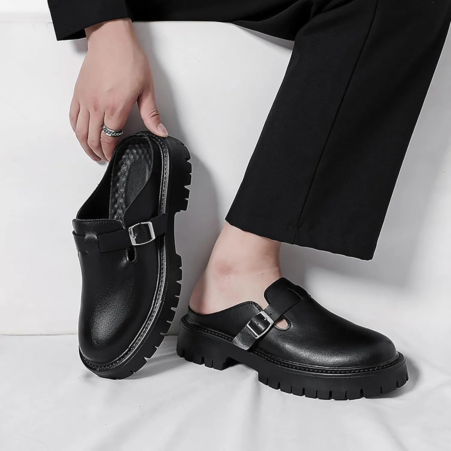 Men’S Monk Buckle Lug Sole Dress Mules Slippers Leather Slip-On Comfortable Non-Slip Backless Loafers Fashion Round Closed-Toe Outdoor Platform Business Clogs