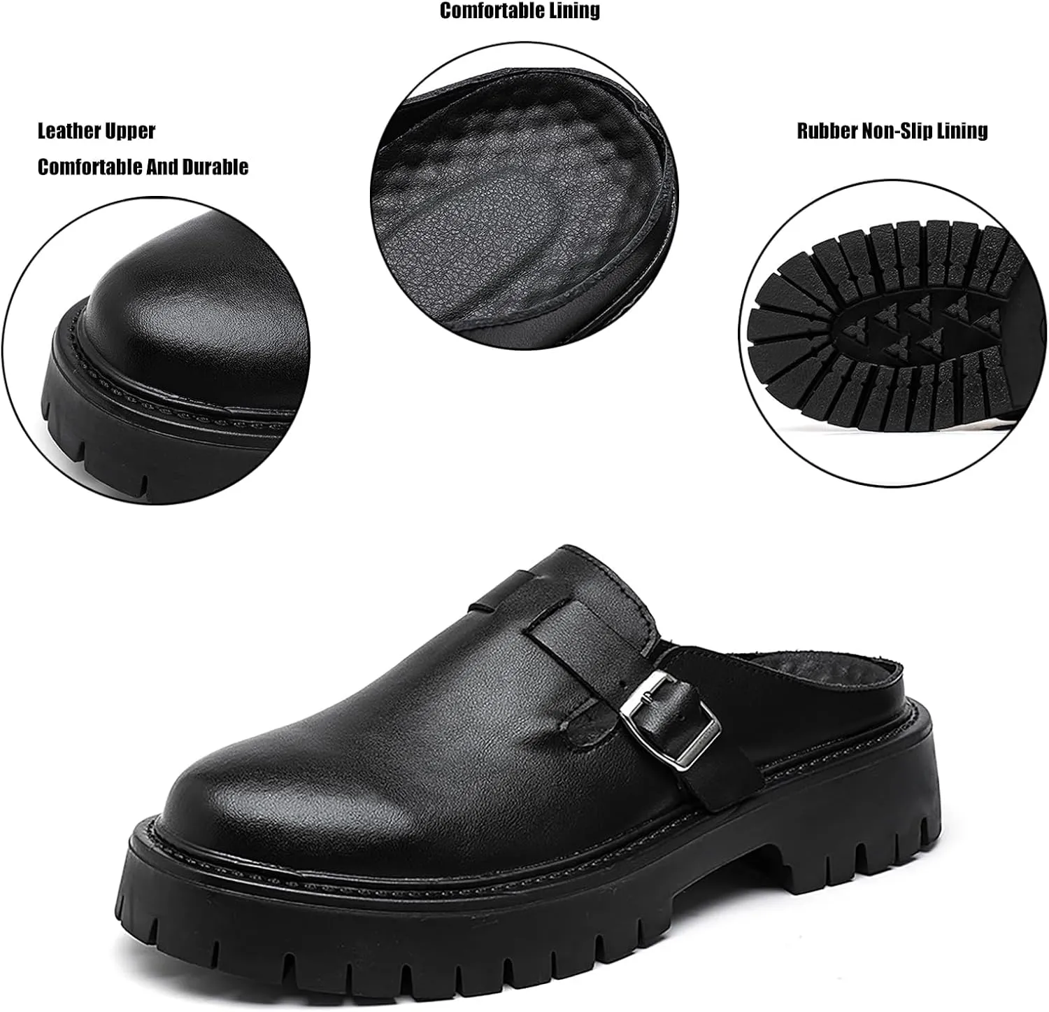 Men’S Monk Buckle Lug Sole Dress Mules Slippers Leather Slip-On Comfortable Non-Slip Backless Loafers Fashion Round Closed-Toe Outdoor Platform Business Clogs