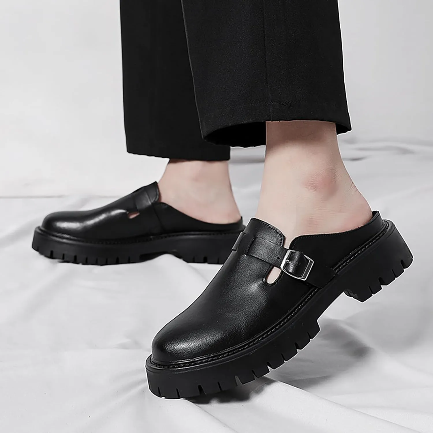 Men’S Monk Buckle Lug Sole Dress Mules Slippers Leather Slip-On Comfortable Non-Slip Backless Loafers Fashion Round Closed-Toe Outdoor Platform Business Clogs