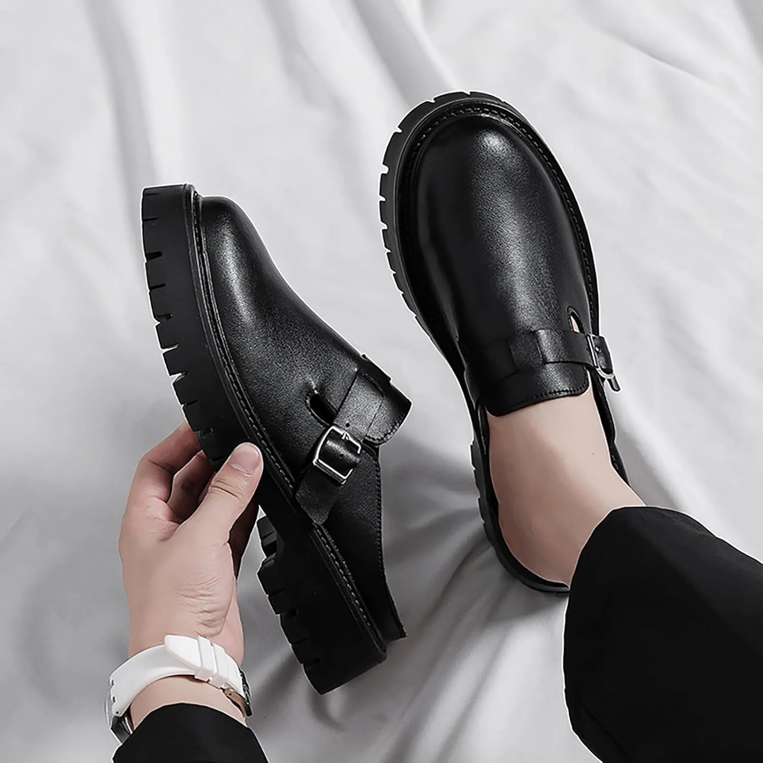 Men’S Monk Buckle Lug Sole Dress Mules Slippers Leather Slip-On Comfortable Non-Slip Backless Loafers Fashion Round Closed-Toe Outdoor Platform Business Clogs