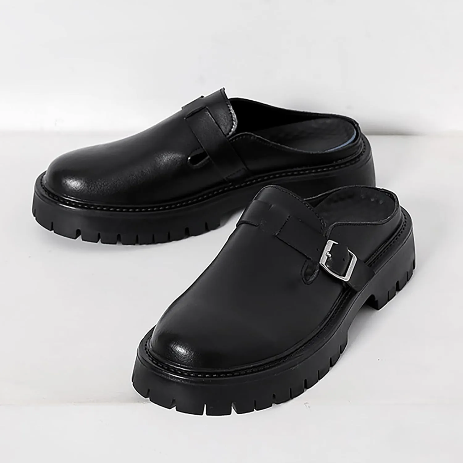 Men’S Monk Buckle Lug Sole Dress Mules Slippers Leather Slip-On Comfortable Non-Slip Backless Loafers Fashion Round Closed-Toe Outdoor Platform Business Clogs