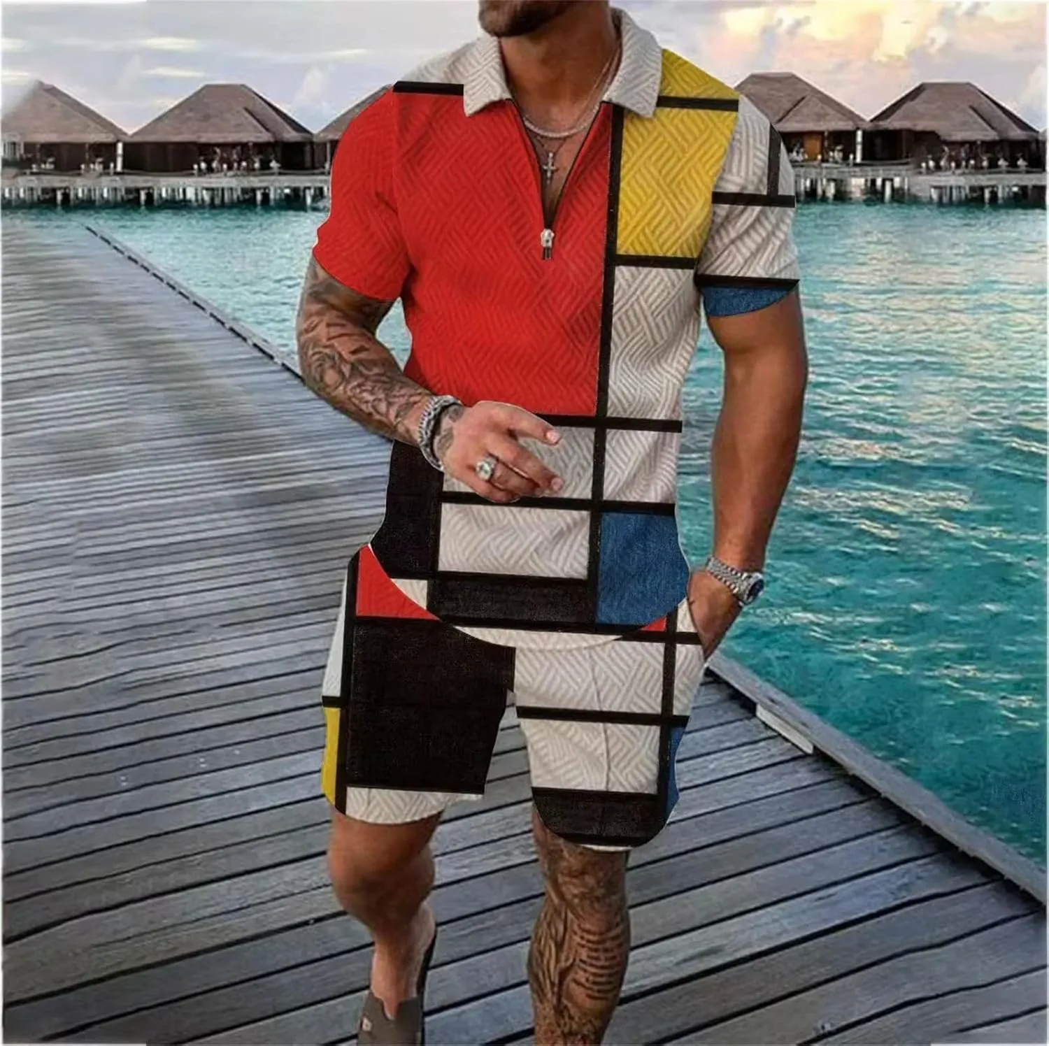 Men's Patchwork Polo Set, Zipper Streetwear Short Sleeve & Shorts
