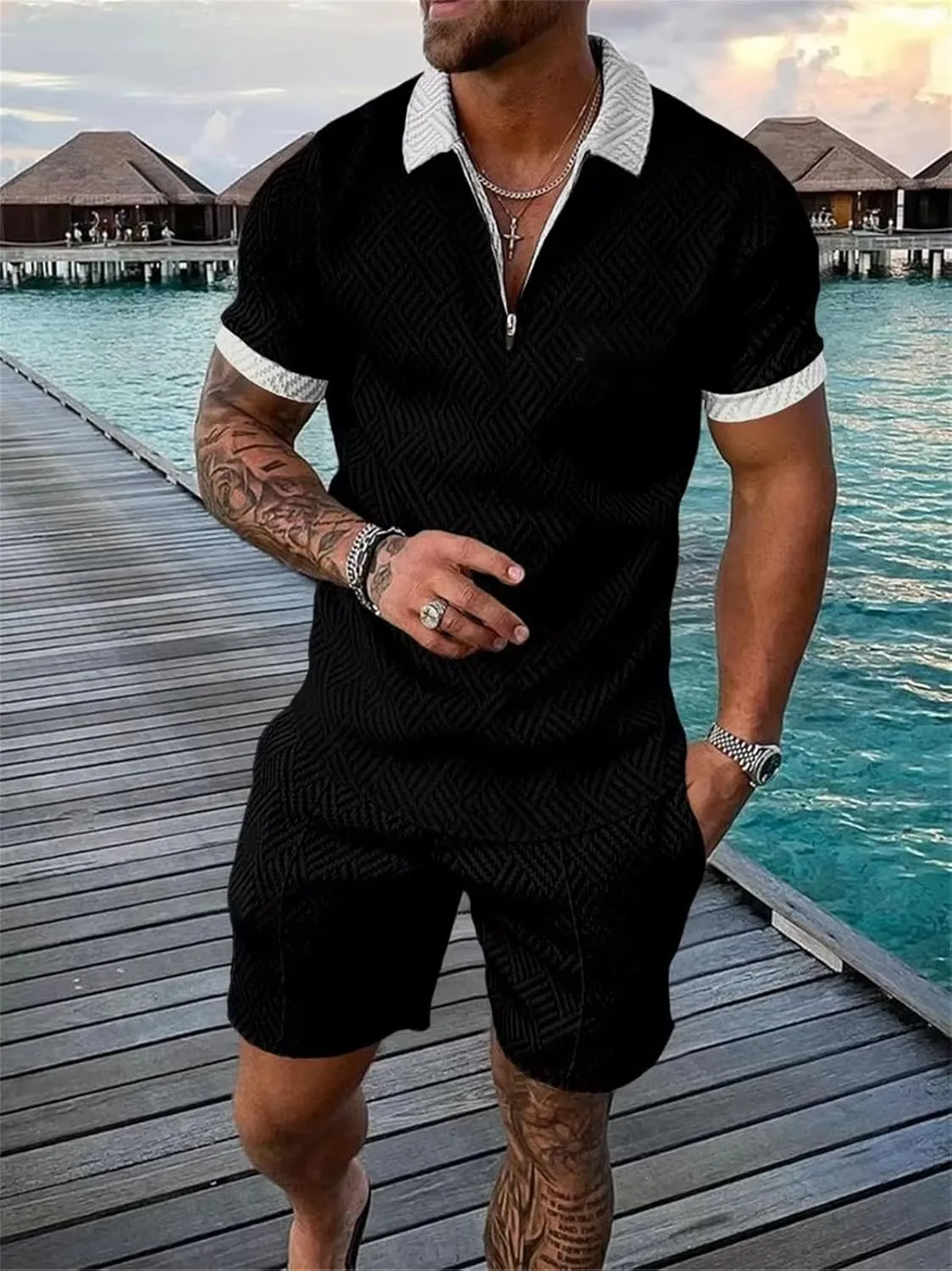 Men's Patchwork Polo Set, Zipper Streetwear Short Sleeve & Shorts