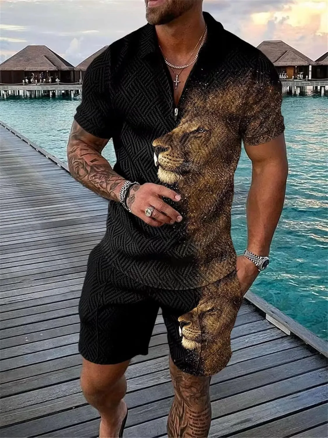 Men's Patchwork Polo Set, Zipper Streetwear Short Sleeve & Shorts