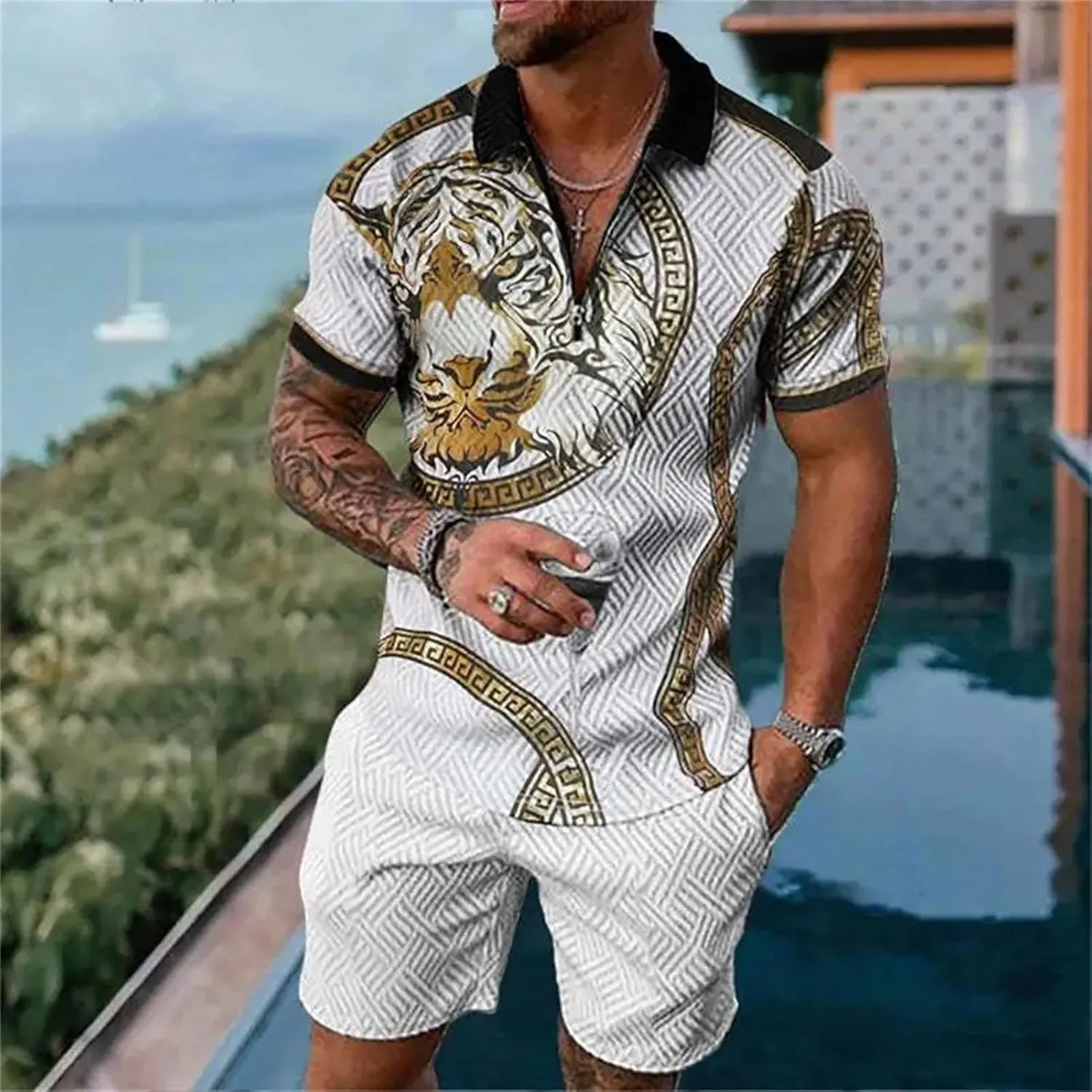 Men's Patchwork Polo Set, Zipper Streetwear Short Sleeve & Shorts