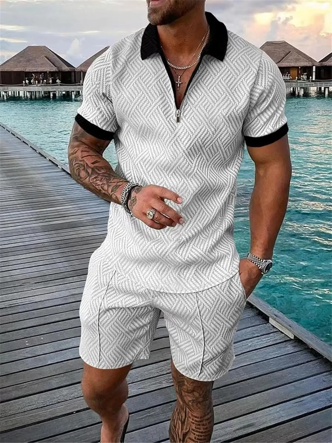 Men's Patchwork Polo Set, Zipper Streetwear Short Sleeve & Shorts